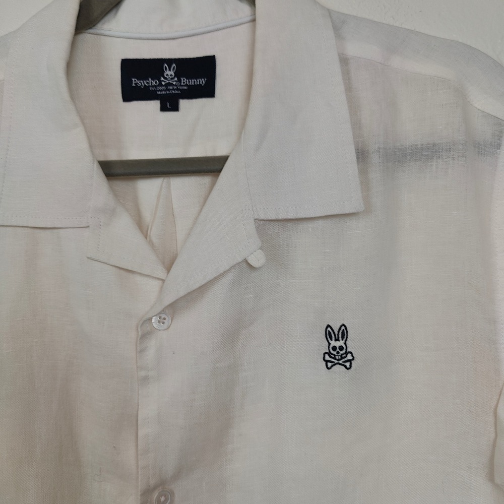 Psycho Bunny Shirt Mens Large White Linen Camp Collar Short Sleeve Resort - Picture 6 of 10